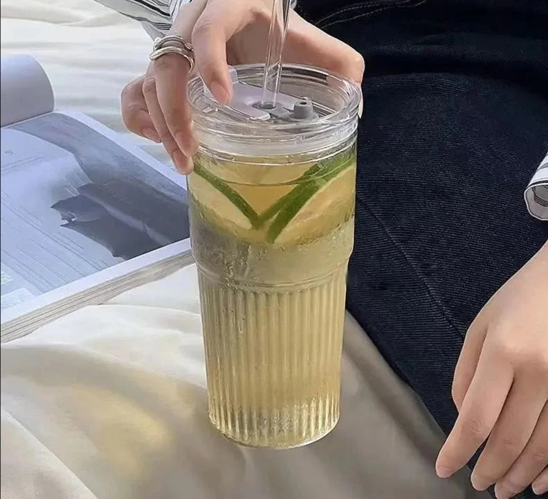 Stripe Glass Cup with Lid and Straw