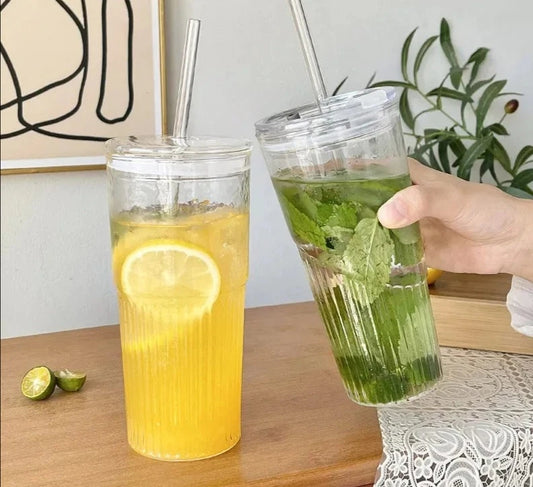 Stripe Glass Cup with Lid and Straw